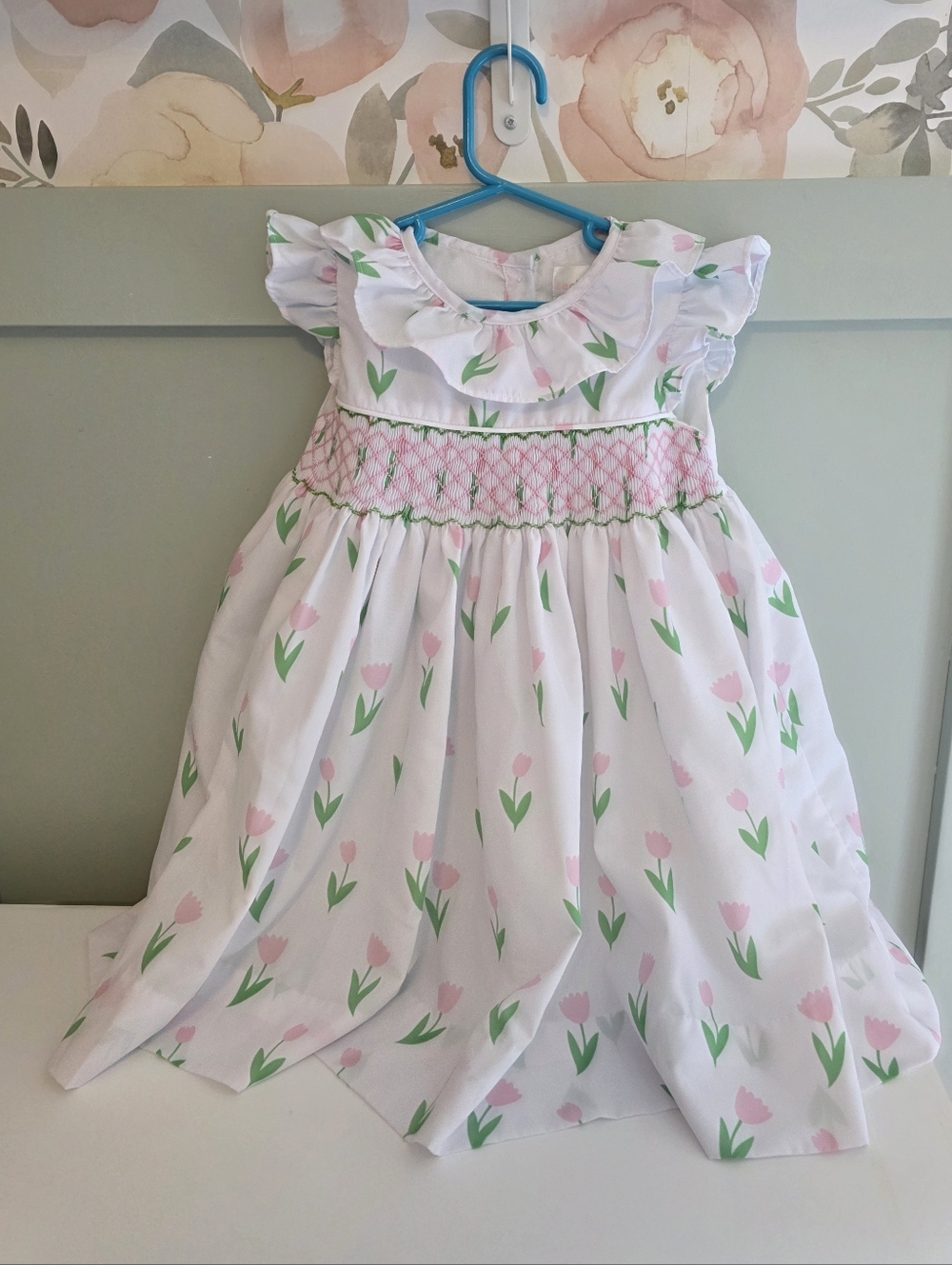 Cecil And Lou 4t White Dress with Pink Tulip Print Smocking Smocked